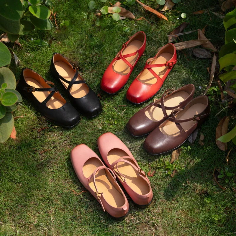 

First Layer Cowhide Square Head Mary Jane Shoes French Retro Soft Sole Comfortable Non-slip Buckle Leather Women's Slip-on