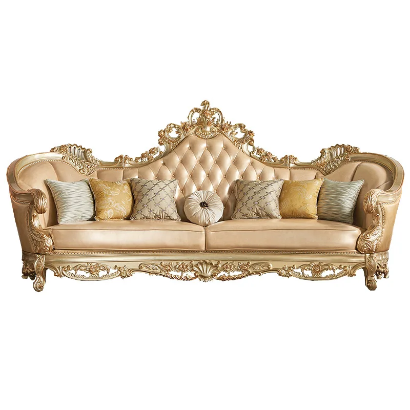 

Leather sofa solid wood double-sided engraved European style