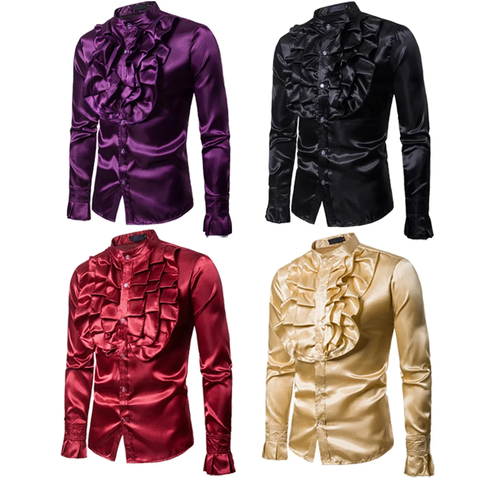 

Винтажная классическая рубашка с рюшами и оборками 70-х годов для мужчин, костюм Vicotorian, топ, готическая панк-футболка в стиле ретро, искусственная шелковая рубашка с галстуком на Хэллоуин