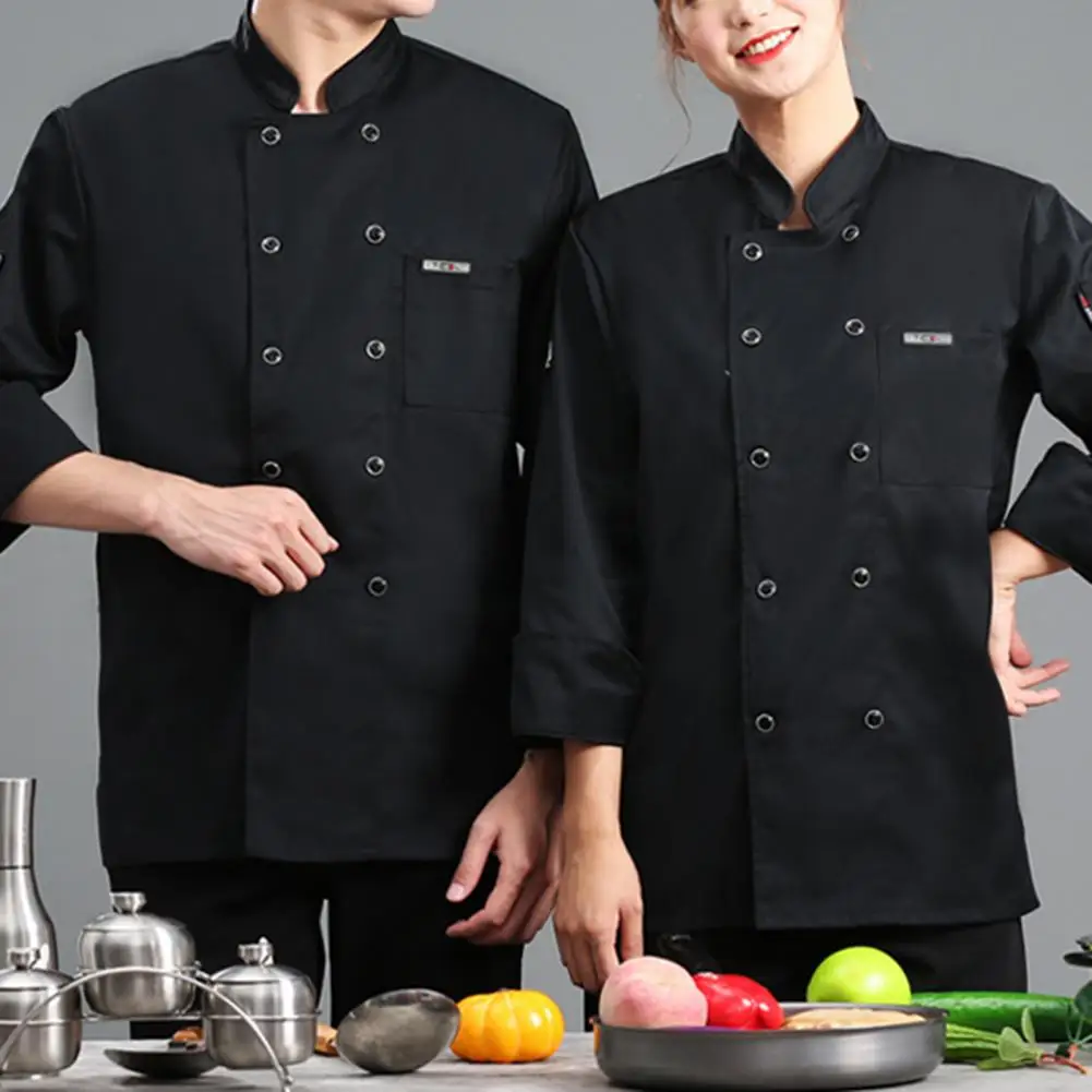 Unisex koksshirt kokskleding chef-kok top effen kleur zak lange mouw lichtgewicht double-breasted catering knoppen koksshirt