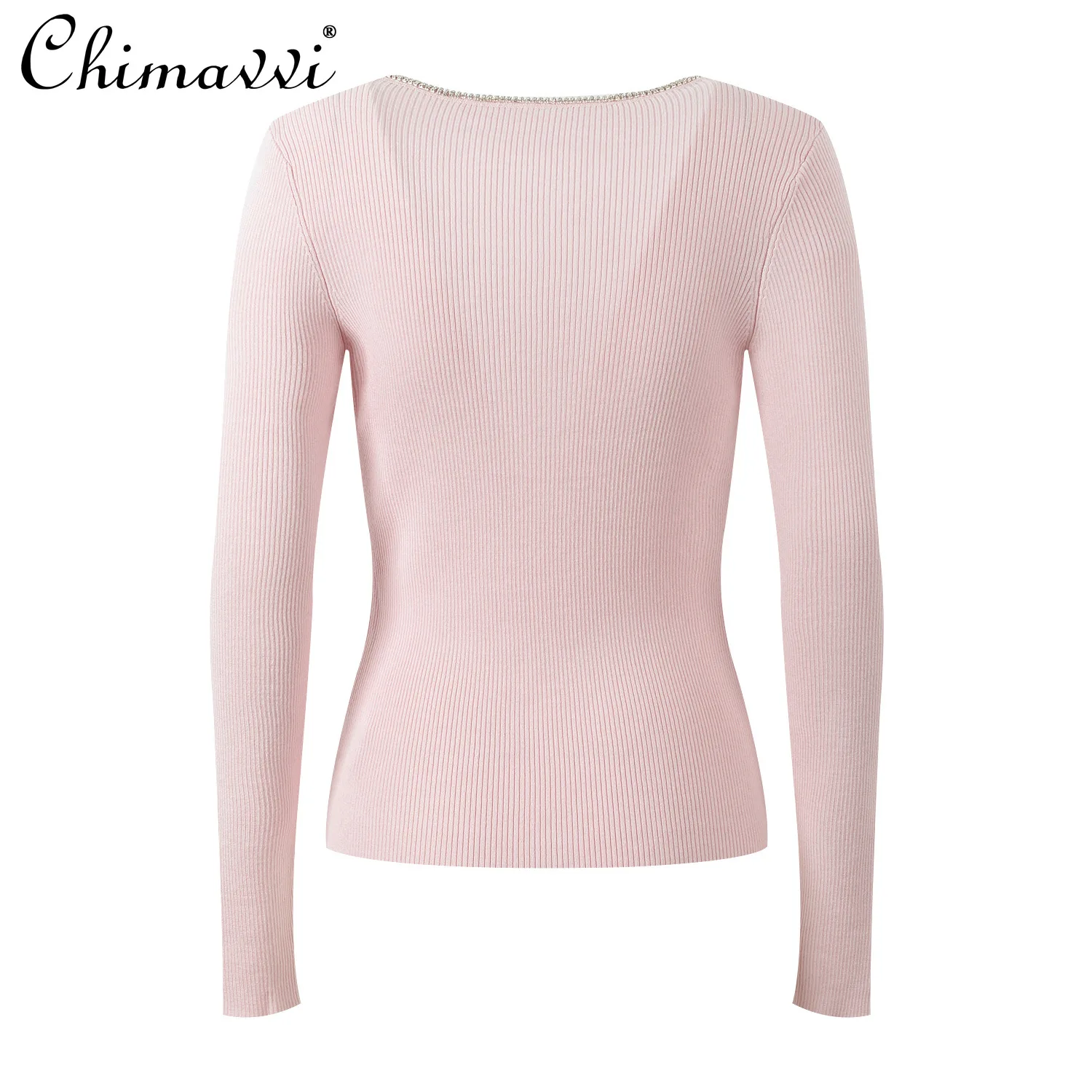 French Light Luxury Neckline Heavy Industry Diamond Jewelry Knitted Top Autumn and Winter New Fashion Slim Temperament Sweater