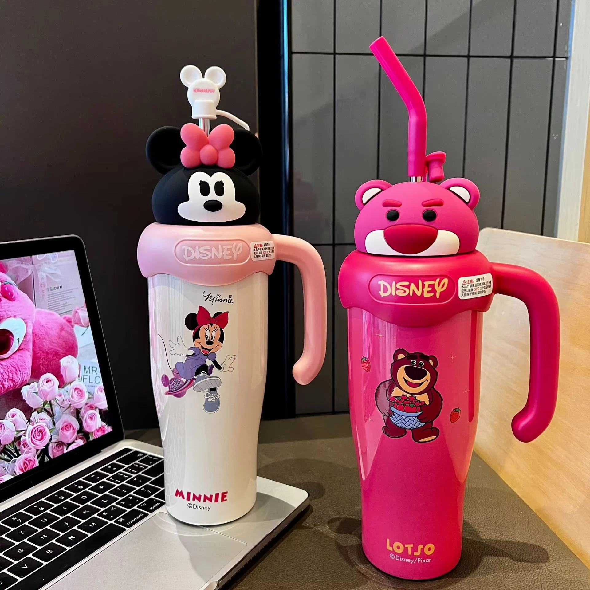 كارتون لوسو ميكي ميني بيج ماك 800 مللي كوب ثلج كوب من الفولاذ المقاوم للصدأ للفتيات عالي القيمة بسعة كبيرة مقبض أكواب من القش