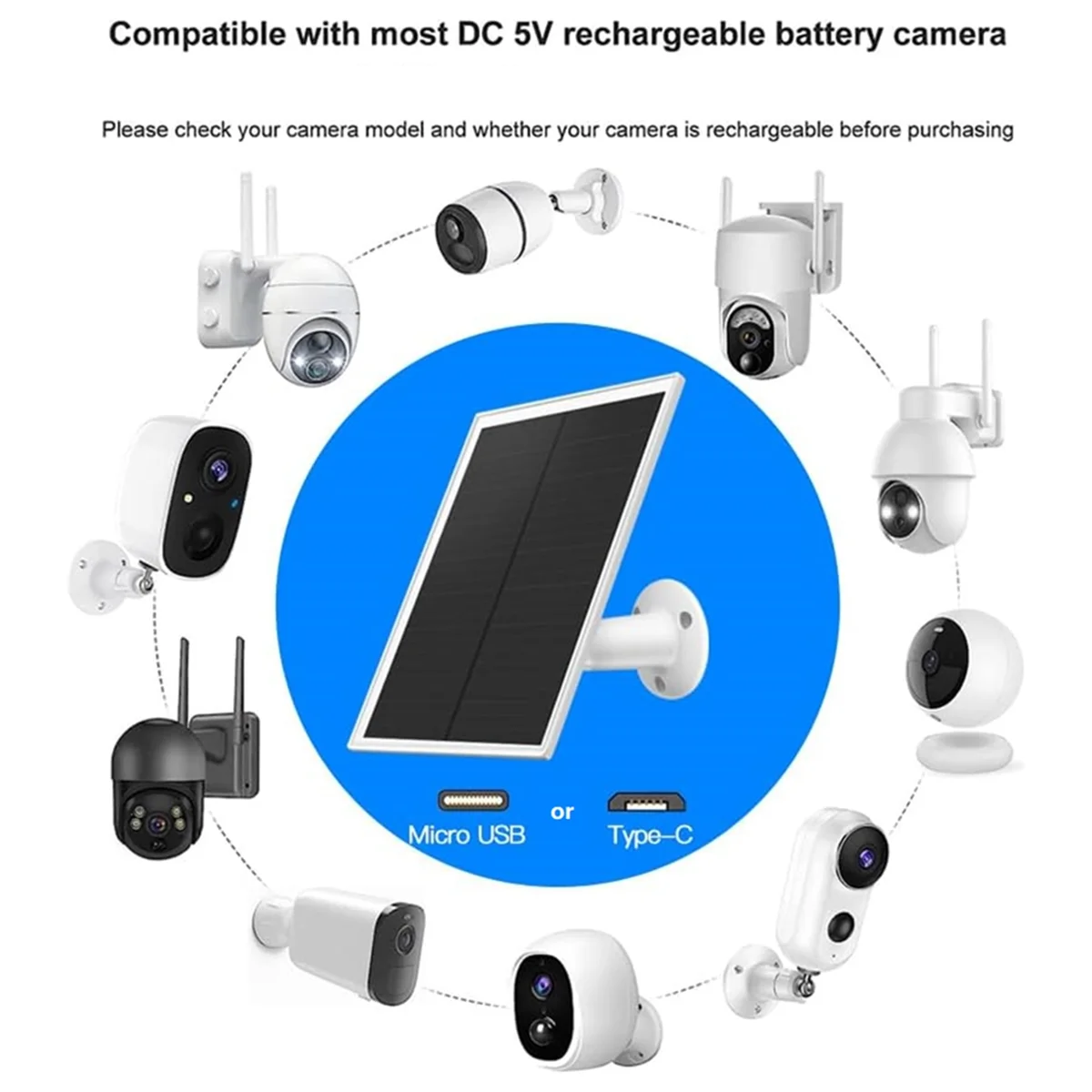 شاحن الألواح الشمسية 10 وات 5 فولت شاحن الألواح الشمسية لكاميرات البطارية القابلة لإعادة الشحن، IP65 مقاوم للماء، Type-C