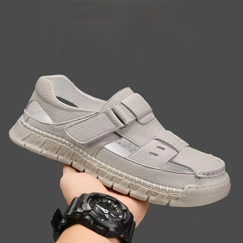 

Men's Summer Leather Hollow Out Baotou Sandals Soft sole Non Slip Breathable Round Toe Velcro Cave Shoes Outdoor Beach Sandals