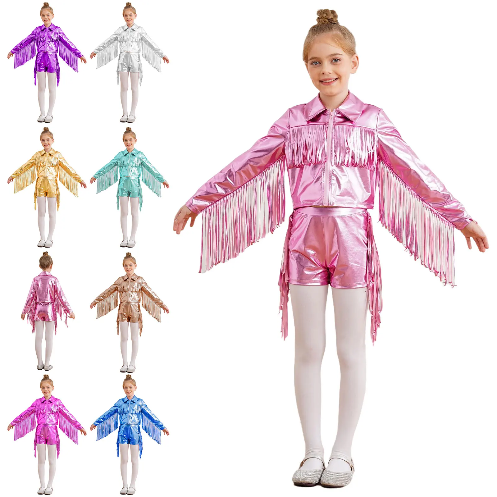 Kids Girls Tassels Metallic Jazz Dance Outfits Long Sleeve Zipper Fringe Jacket with Shorts School Party Performance Streetwear