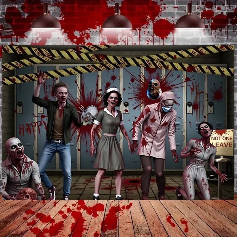 

Halloween Zombie Hospital Backdrop Mutant Doctor Patient Horror Scene Emergency Room Warning Signs Wheelchair Props Background