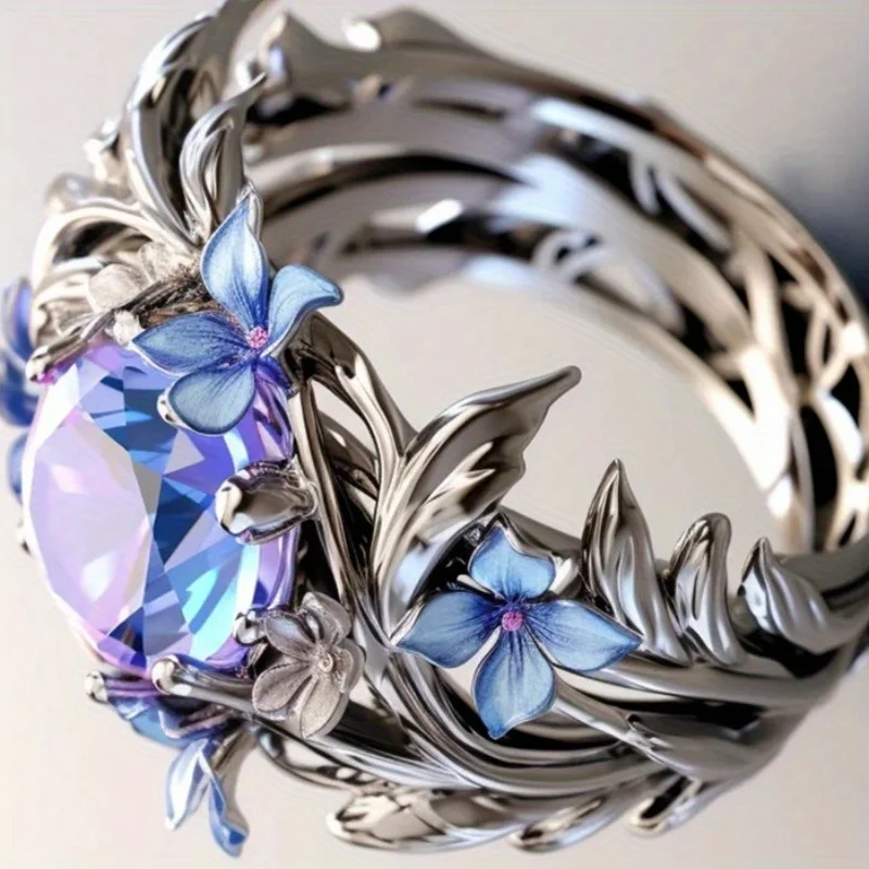 Blue Flower Ring with Sparkling Zirconia for Weddings Engagements Anniversaries Thanksgiving New Year'S Day Jewelry Gifts
