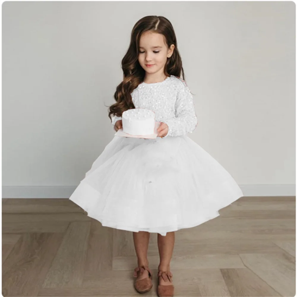 White Birthday Flower Girls Dresses for Kids 2024 Summer Full Sleeve Communion Gowns with Sequined Zipper Back Wedding Prom