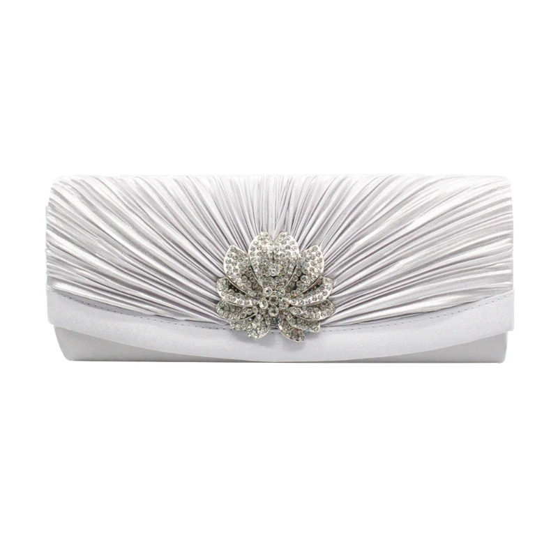 Fashion Evening Bags for Women Classic Satin Pleated Clutch Rhinestones Diamond Beige Cream Wedding Purse Simple Long Handbags