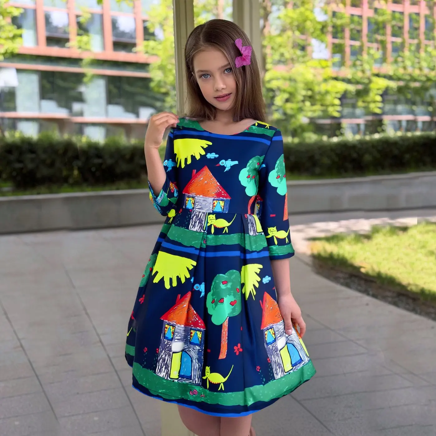 Girls Dress Satin Blue Sky Butterfly City Building Print