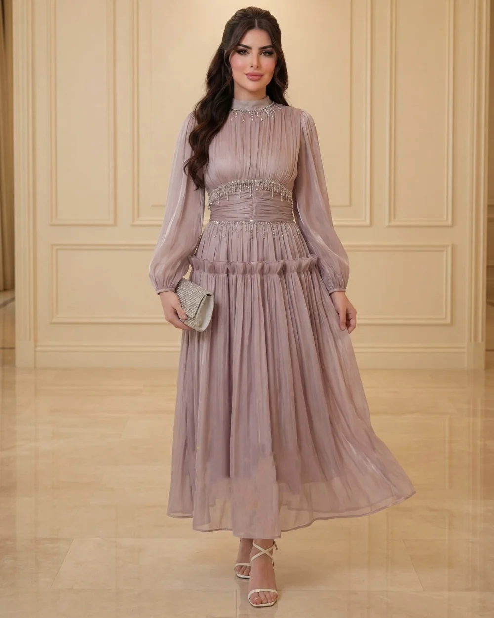 

Customized Exquisite Casual Chiffon Pleat Ruched Beading Sequined Tassel A-line High Collar Ankle Length Evening Dresses Retro