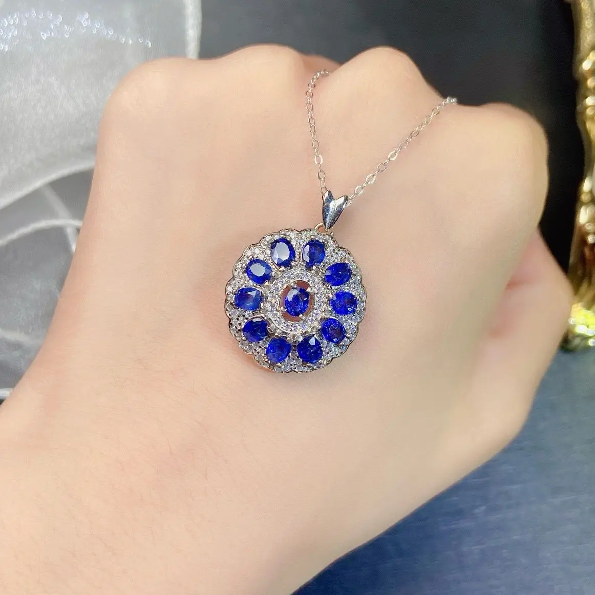 ZECAA 925 Blue Sapphire Jewelry Woman Sapphire Pendant With Natural Blue Sapphire 3*4mm S925 Silver Blue Sapphire Lady Pendant