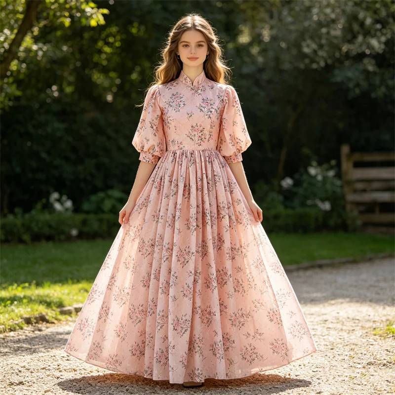 It's Yiiya Customized Modest Flower Girl Dress pink Flower high neck  3/4 Sleeves A-line Floor Length Quality Kids Gowns MT027