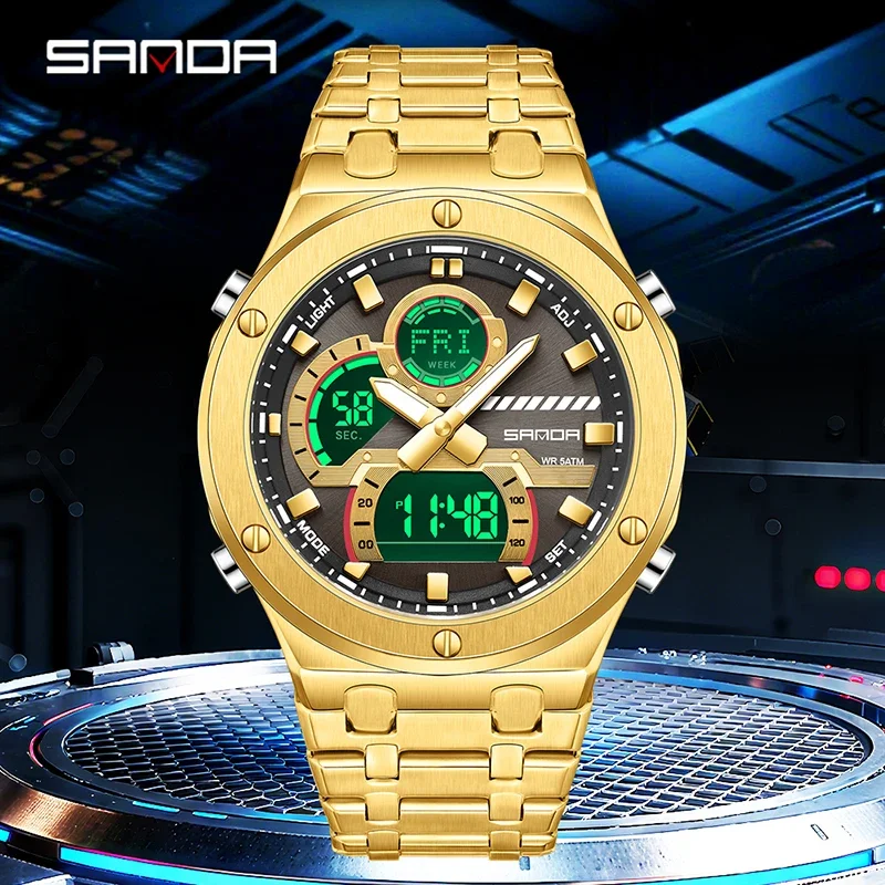 SANDA New Fashion Men Quartz Watch Stainless Steel Multifunction Dual Display Watch LED Luminous Waterproof Men's Digital Watch