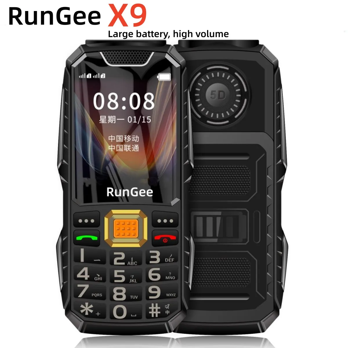 Rungee x9 견고한 휴대폰 GMS, 듀얼 SIM 듀얼 LED 토치, 대용량 구형 휴대폰, 강한 빛 손전등