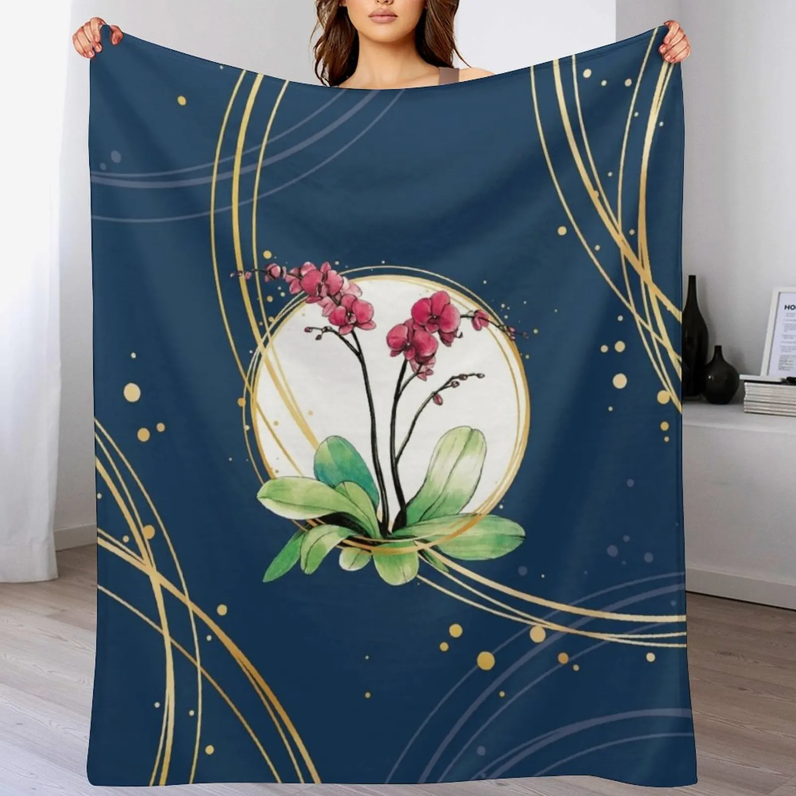 Orchid surrounded by golden hoops on a blue background Throw Blanket Luxury St For Baby Blankets For Sofas Blankets