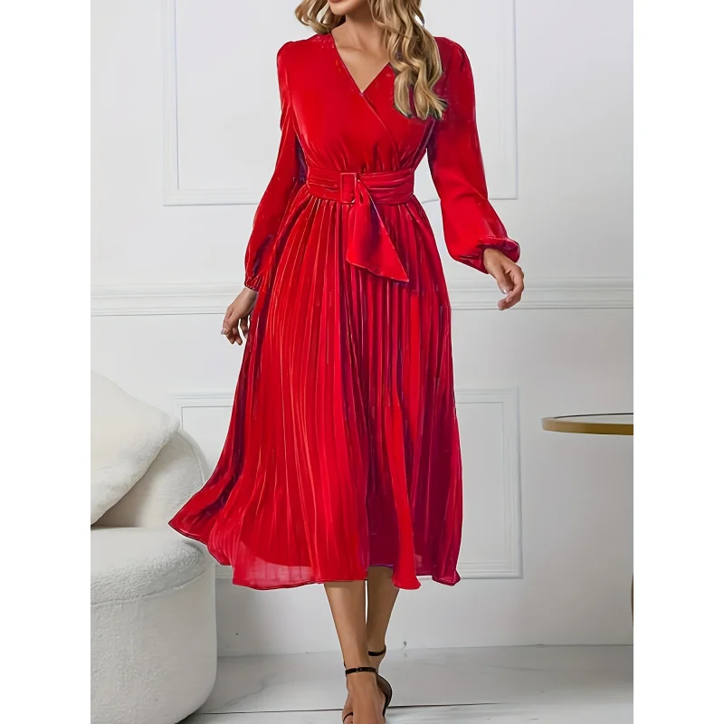 Plus Size Cross-Border European and American Fashion Elegant RedVCollar Lace-up Pleated Mid-Length Dress