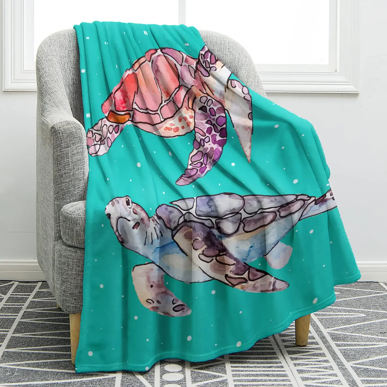 Colourful Sea Turtle Wild Ocean Animals Flannel Blanket Throw King Queen Size for Bed Sofa Couch Blanket Super Soft Lightweight