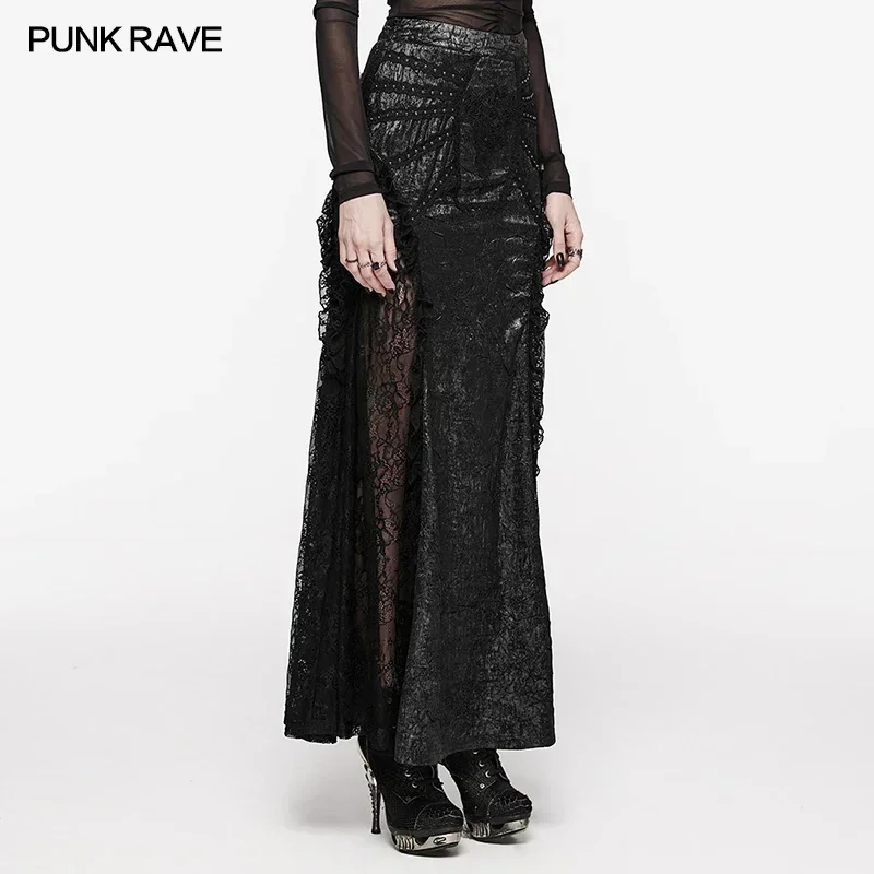 PUNK RAVE Women's Gorgeous Textured Gothic Midi Skirt Party Clyb Decoration Sexy Lace Splicing Long Skirts Summer