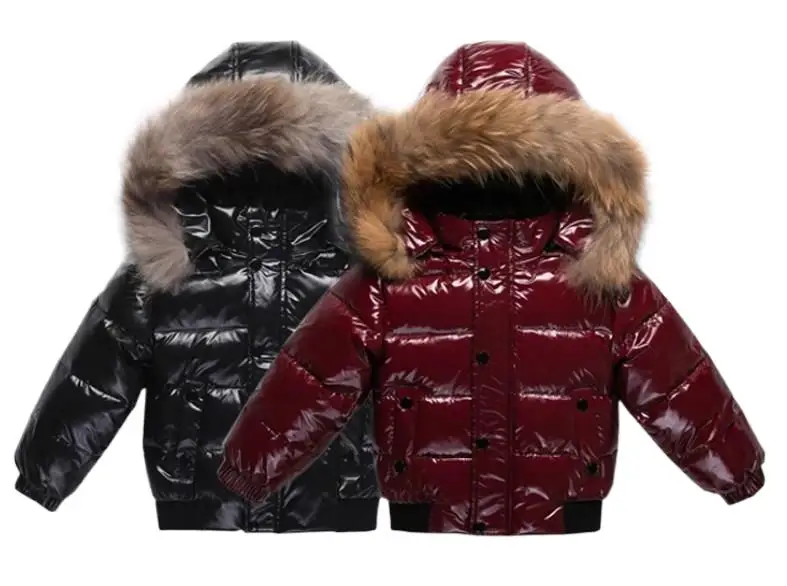 Winter Infant Boys Down Jacket Faux Fur Long Sleeve Thicken Warm Baby Boys Parkas Zipper Shinny Waterproof Toddler Boy Outerwear