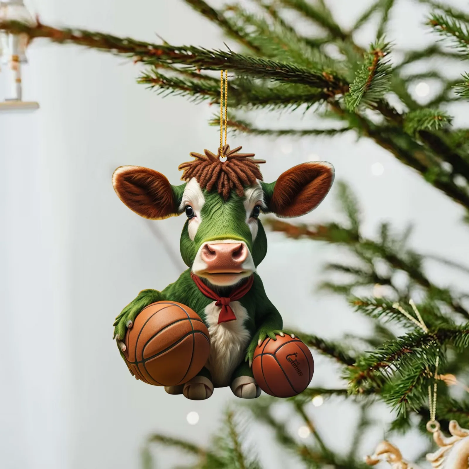 Acrylic Funny Cow Holding Christmas Basketball Christmas Tree Ornament Double Side Printing Cute Animal Series Pendant Gifts