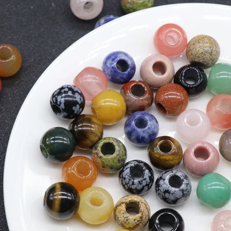 5pcs 14mm Large Hole Beads Natural Semi-precious Stone Loose Beads Hole Size 5mm  Round Shape Beads For Jewelry Making Necklace