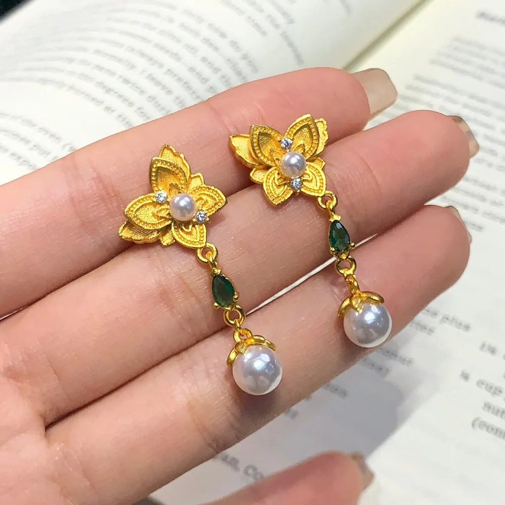 Pearl double - layered butterfly tassel stud earrings for women high sensibility butterfly earrings 9999gold