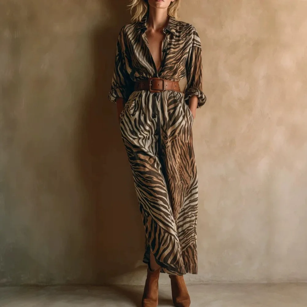 Vestido informal de estilo vintage para mujer, con estampado de cebra degradado, cuello con solapa, manga larga, botones en la parte delantera, corte ajustado, ideal para el otoño.