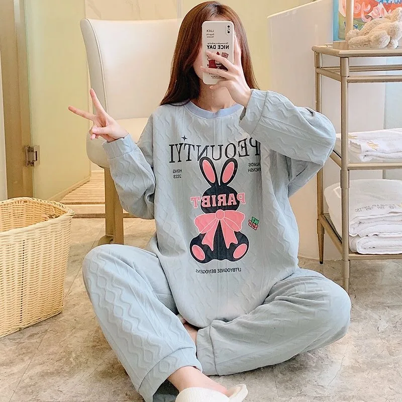 2024 New Spring Autumn Women Air Cotton Sweet Cute Loose Homewear Suit Female Large Size 5xl Round Neck Casual Sleepwear Sets
