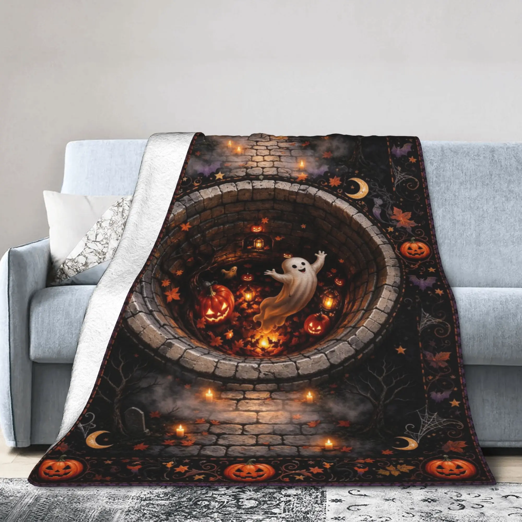 Halloween Spiral Optical Illusion Blanket Spooky Ghost Flannel Vintage Warm Throw Blankets for Bedding Lounge All Season