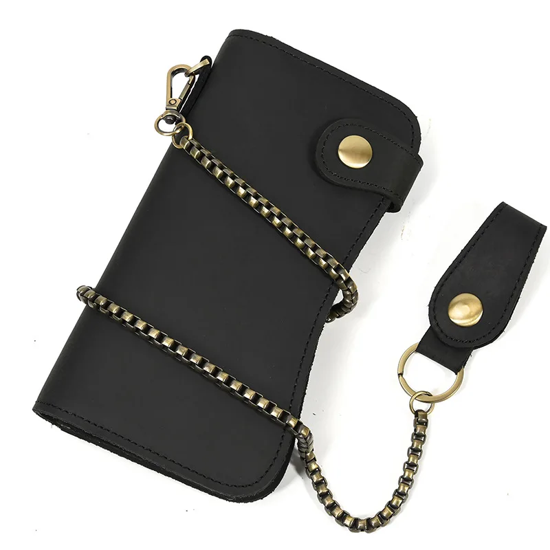 Men's Crazy Horse Leather Long Wallet, RFID Blocking Anti-Theft Chain Bifold, Vintage Multi-Card Billfold with Coin Pocket