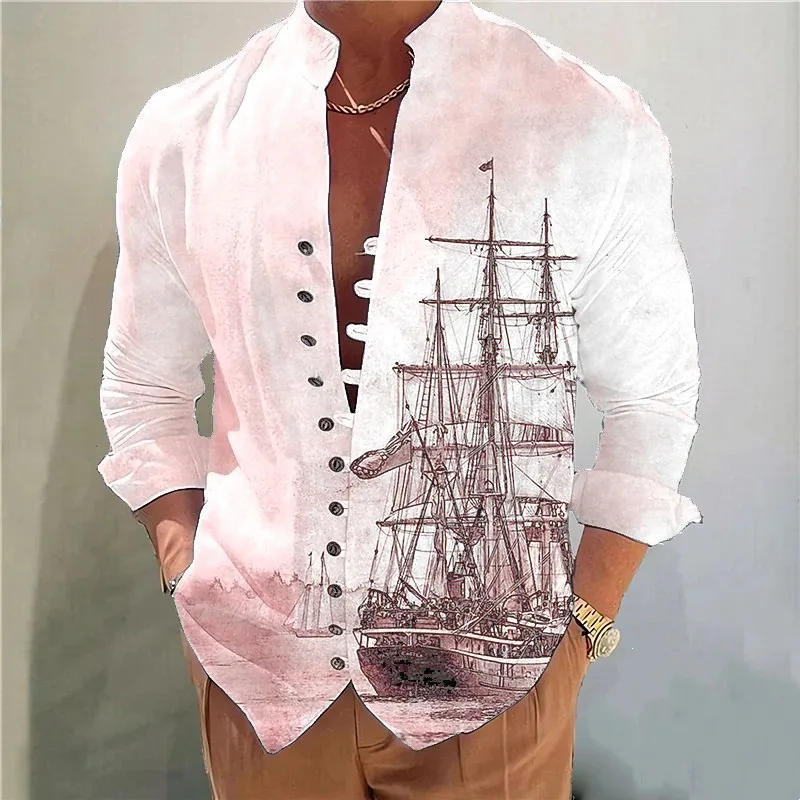 2024 Autumn/winter New Fashion Men\'s Sailing Print Business Slim Casual Shirt Long Sleeve Shirt