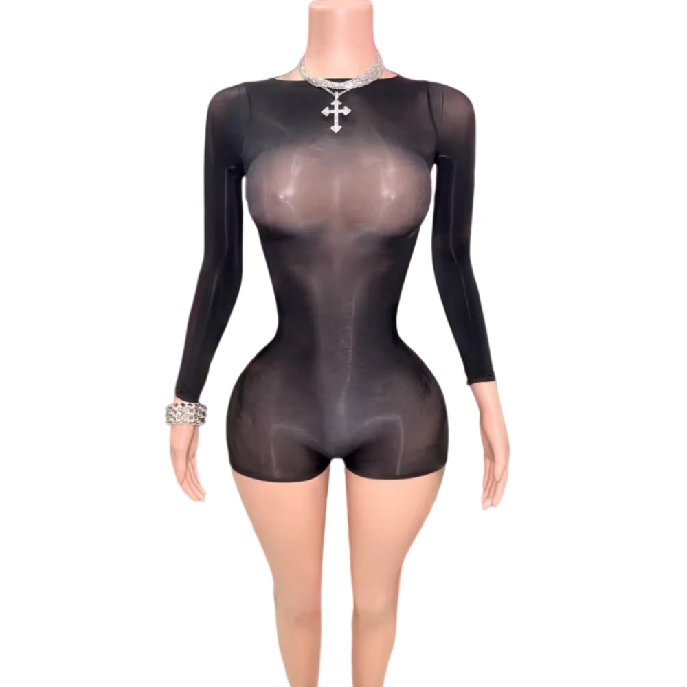 

HLJ&GG Sexy Mesh See Through Stretchy Bodycon One Piece Rompers Women O Neck Long Sleeve Nightclub Party Jumpsuits Hot Playsuits
