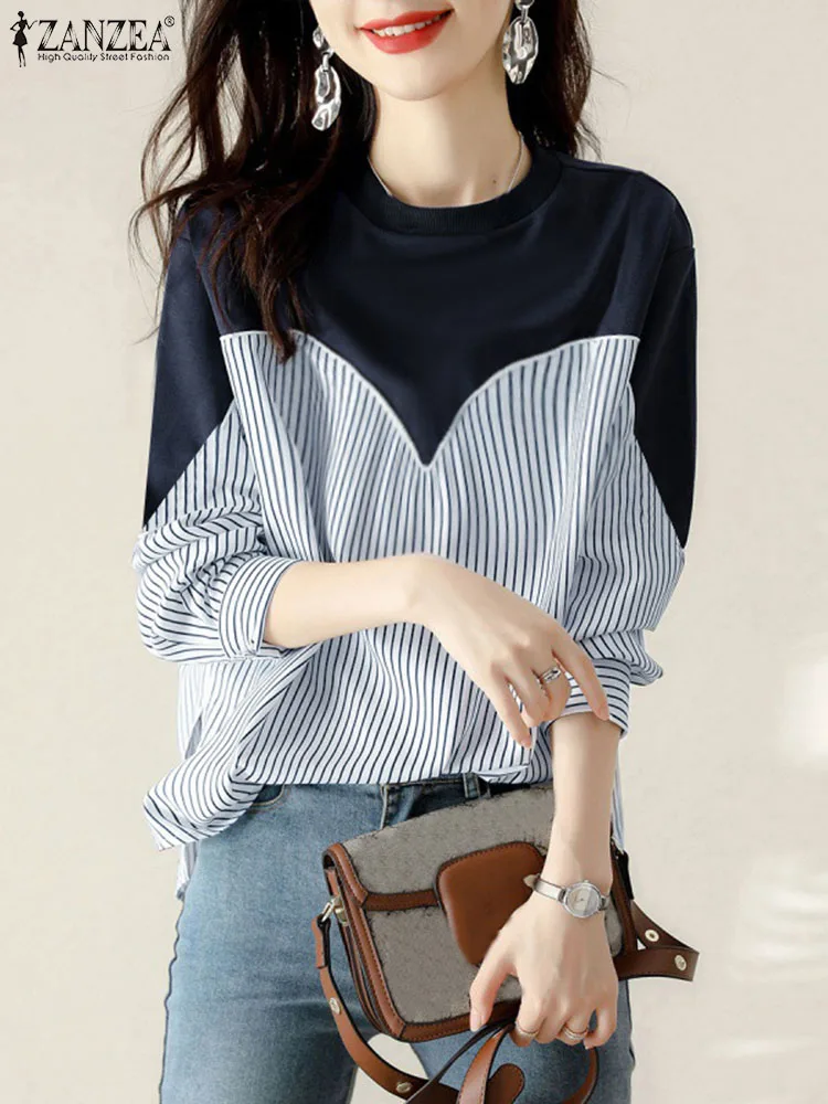 

ZANZEA Fashion Stripe Patchwork Sweatshirts Woman Long Sleeve O-Neck Hoodies Autumn Elegant Button Cuffs Blouse Oversized 2023