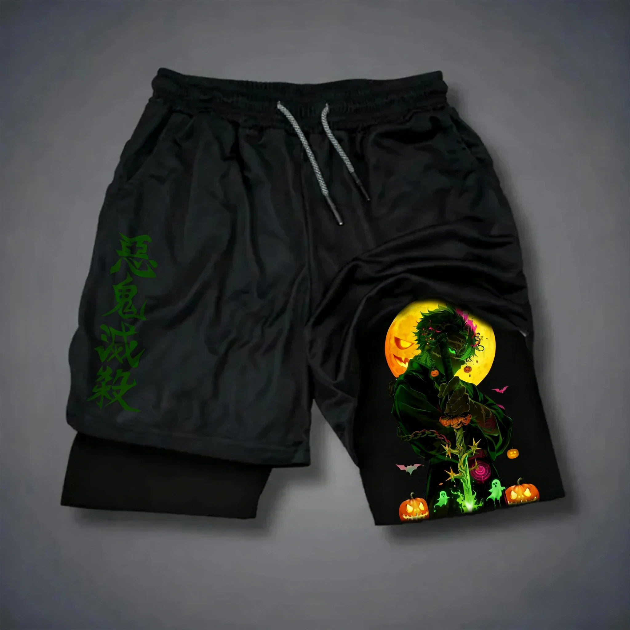 شورت Demon Slayer بطبعة الرسوم المتحركة مزدوجة الطبقات، شورت صيفي أمريكي للياقة البدنية للرجال والنساء فضفاض وعصري