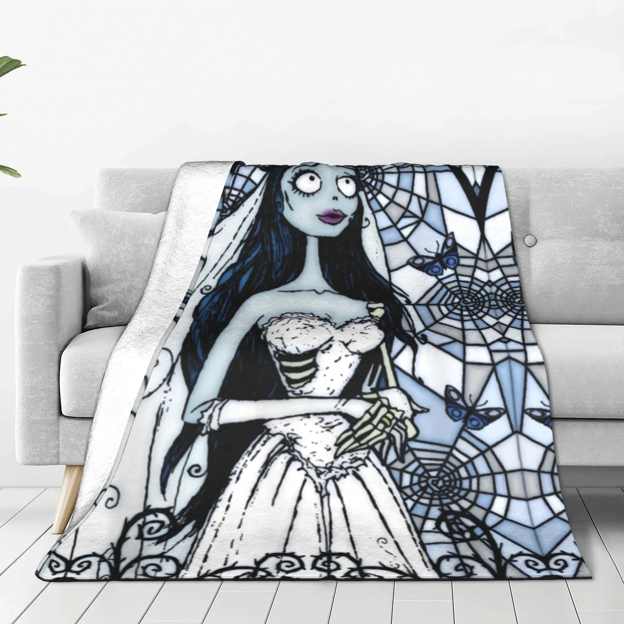 Corpse Bride Emily Death Bride Stained Glass Frame Halloween Blankets  Fleece Funny Soft Throw Blanket for Home Decoration