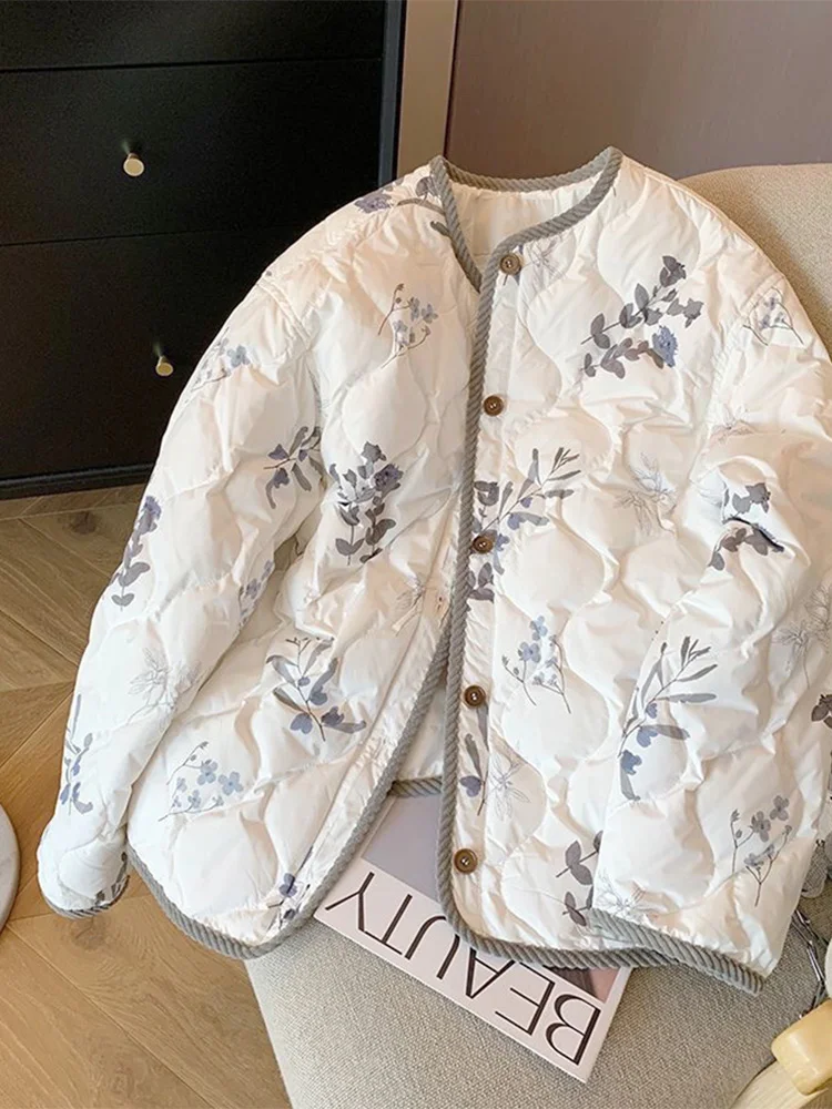 Floral Round Neck Cotton Jacket Vintage Quilted Jackets Women\'s Single Breasted Diamond Plaid Loose Outwear Long Sleeve Coat Top