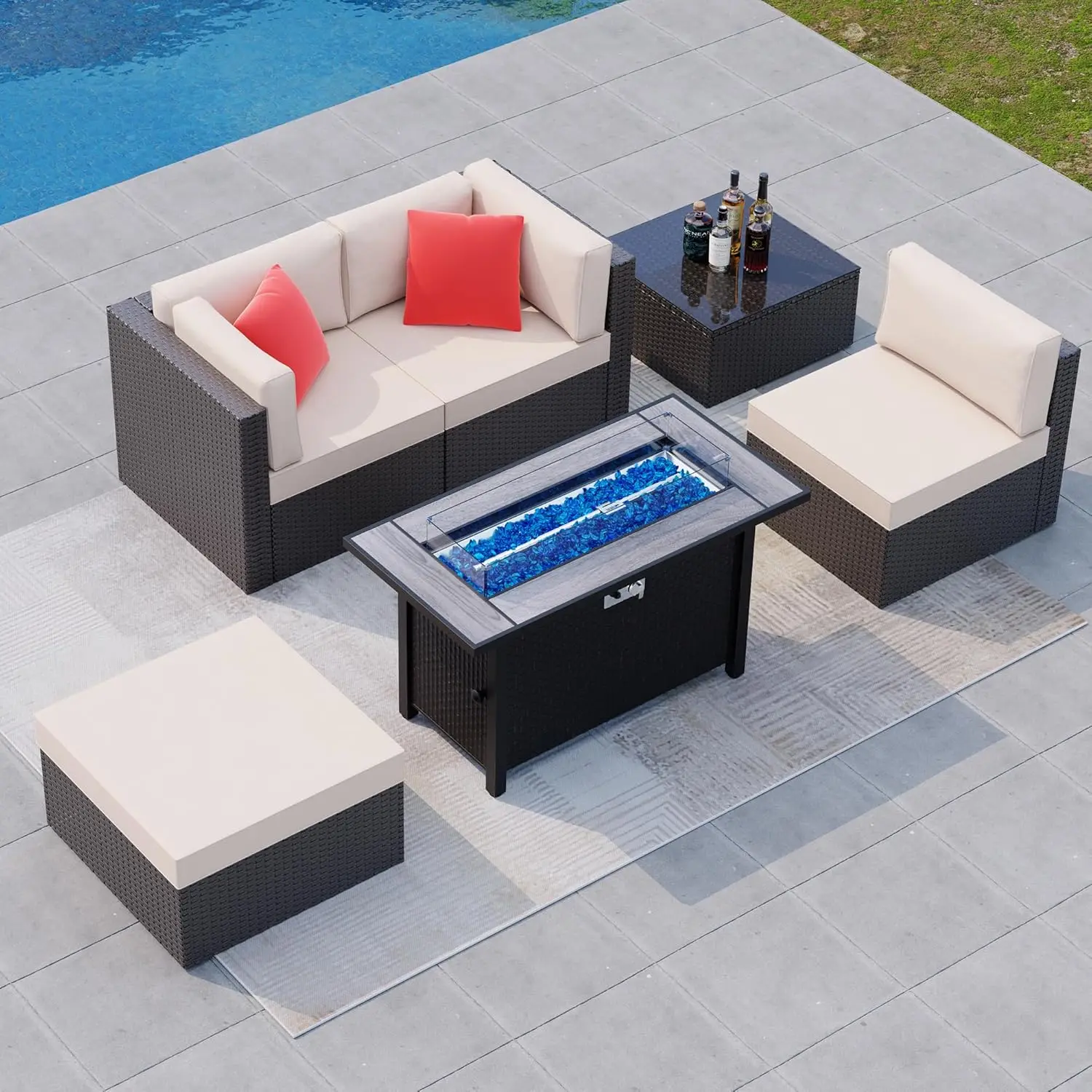 5 Pieces Patio Furniture Sets w/45 inch Fire Pit Table,Outdoor Conversation Set w/50,000 BTU Steel Gas Fire Pit,Patio Sectional