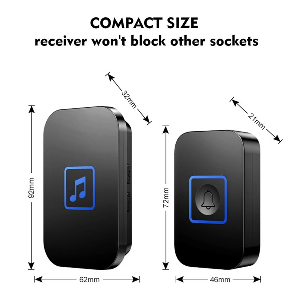 AS62 جرس الباب اللاسلكي مقاوم للماء نطاق 300 متر/مصباح ليد/جرس الباب اللاسلكي المنزلي مع جهاز استقبال واحد قابل للتعديل حجم المملكة المتحدة التوصيل