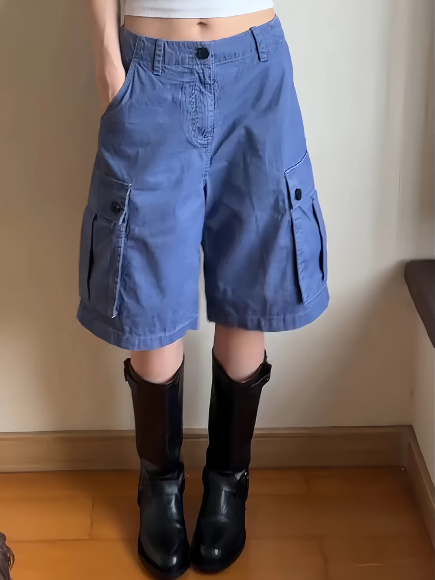 

Blue Oversized Vintage Washed Workwear Style Five-Point Pants Women Summer Large Pocket Loose Versatile Wide Leg Medium Pants
