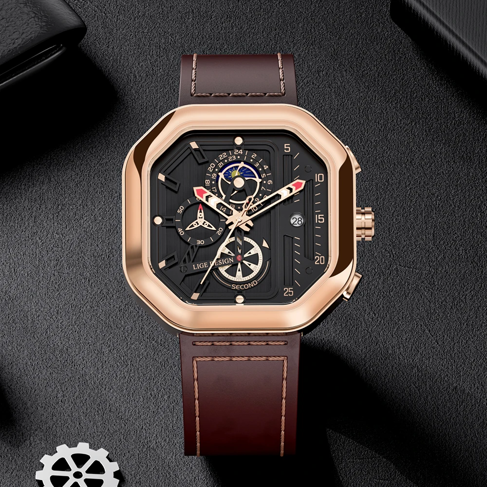 2024 LIGE Business Leather Watch For Men Top Brand Luxury Mens Watches Waterproof Quartz Wrsitwatch 24 Hours Moon Phase Clock