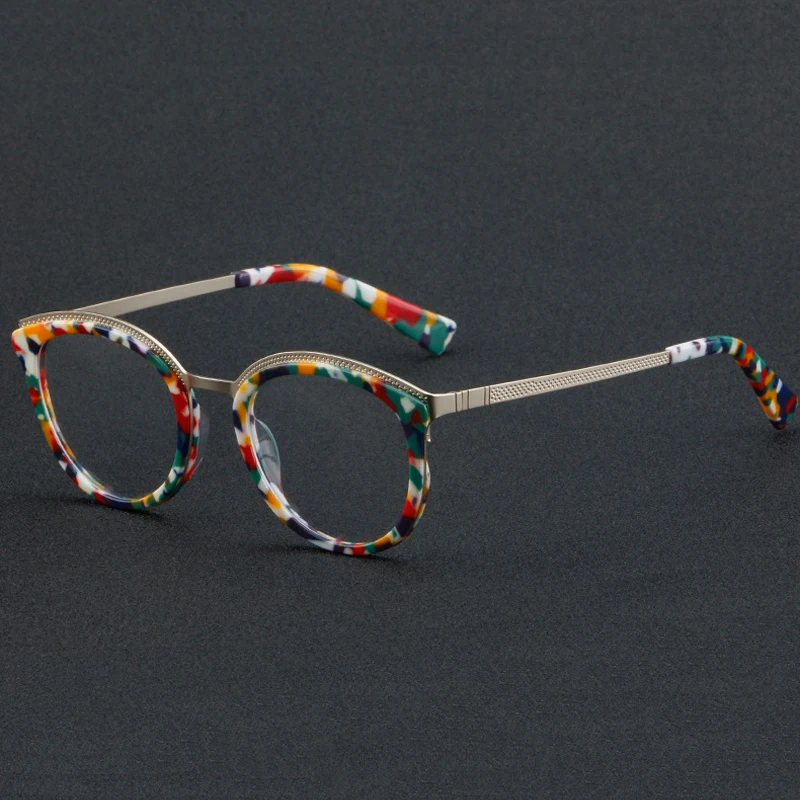 Women Fashion Floral Cat Eye Round Acetate Metal Frame Eyeglasses Female Colorful Printing Presbyopia Reading Glasses Eyewear