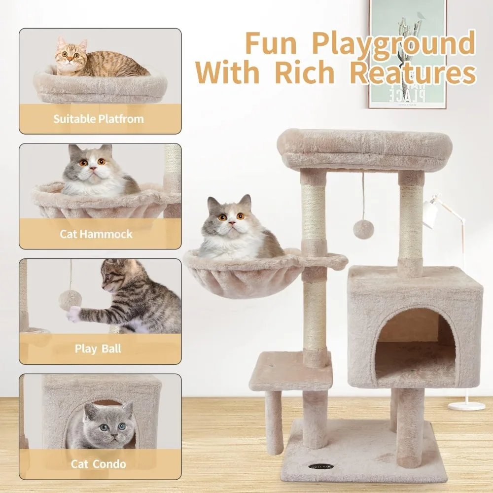 

Cute Cat Tree Kitten Tower for Indoor Condo Sisal Scratching Posts with Jump Platform Cat Furniture Activity CenterBeige