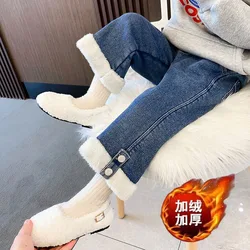 Girls Paded Jeans Pants Winter Kids Plus Velvet Thick Warm Denim Trousers Autumn Teen Fashion OuterWear Cowboys Pants 1-6 Years