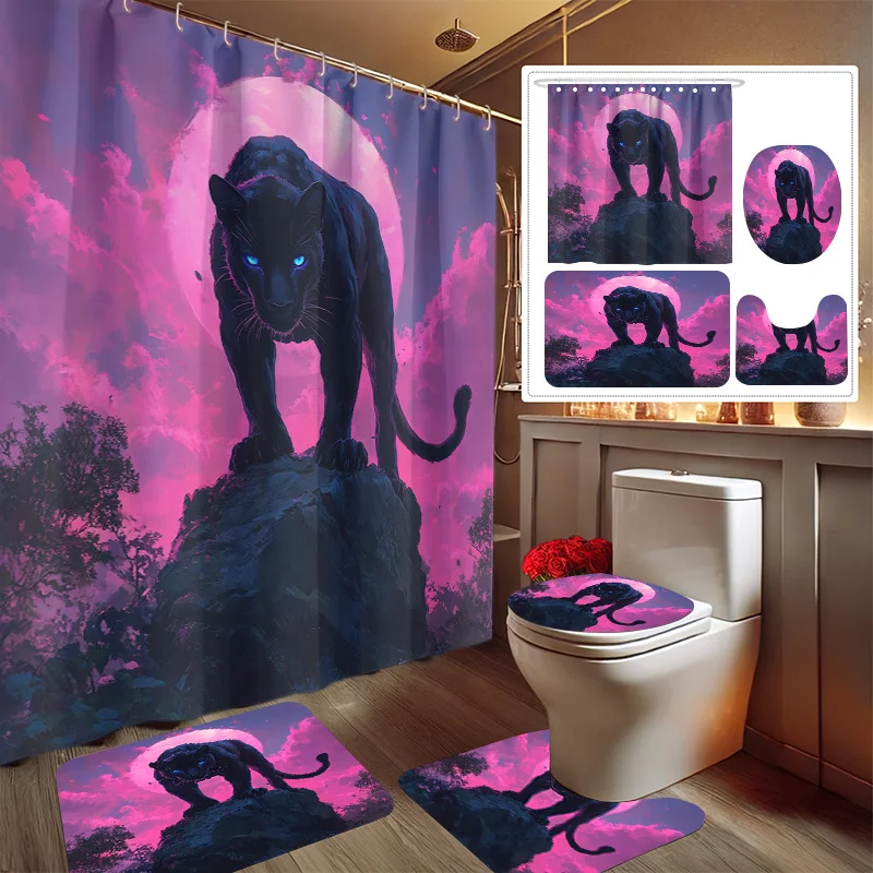 

4 шт., набор занавесок для душа с леопардовым принтом на Хэллоуин, декоративный набор для ванной комнаты, включает занавеску для душа, нескользящий напольный коврик, туалет