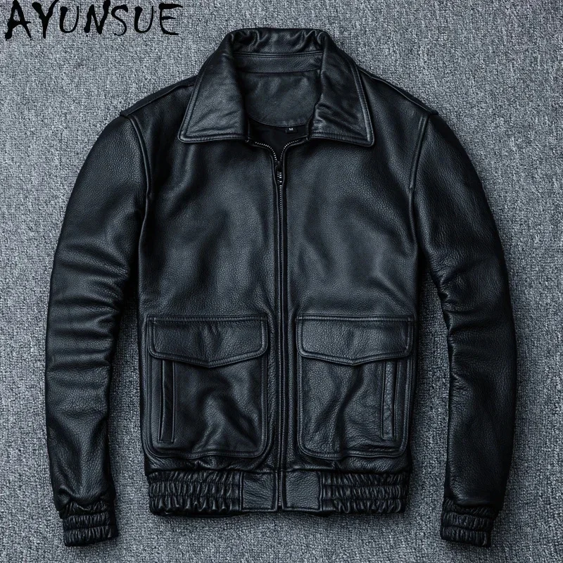 AYUNSUE Genuine Leather Bomber Jacket New Autumn Mens Clothing Cowhide Short Coats Black Jackets Size S-5XL Cazadoras Hombre