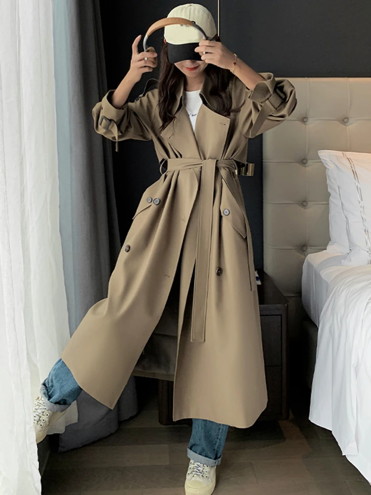 Lanmrem Onregelmatige Trenchcoat Voor Dames 2024 Lente Effen Kleur Revers Dubbele Rij Knopen Mode Lange Windjack Kleding 2r7862