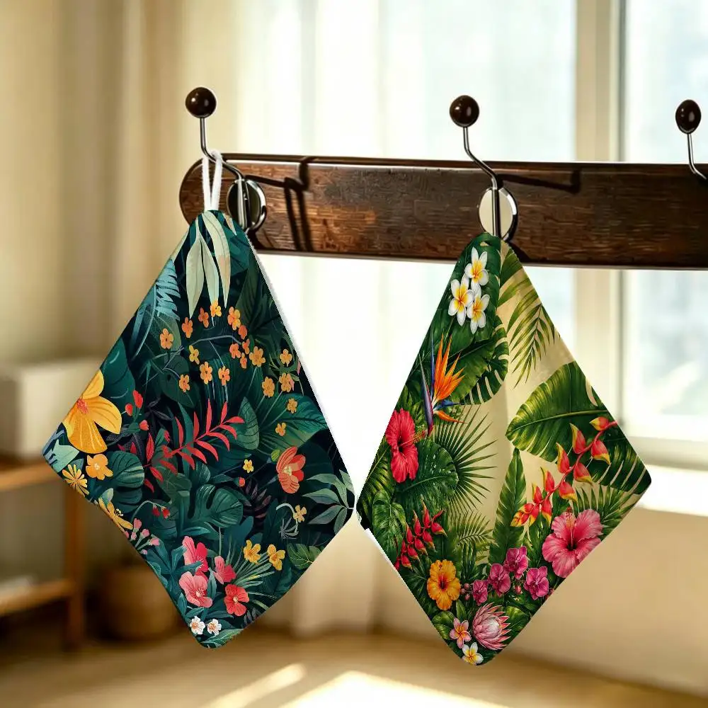 Fashion Tropical Jungle Flowers Plants Polyester Cotton Daily Towel Hanging Kitchen Hand Wiping Cloth Durable for House Use