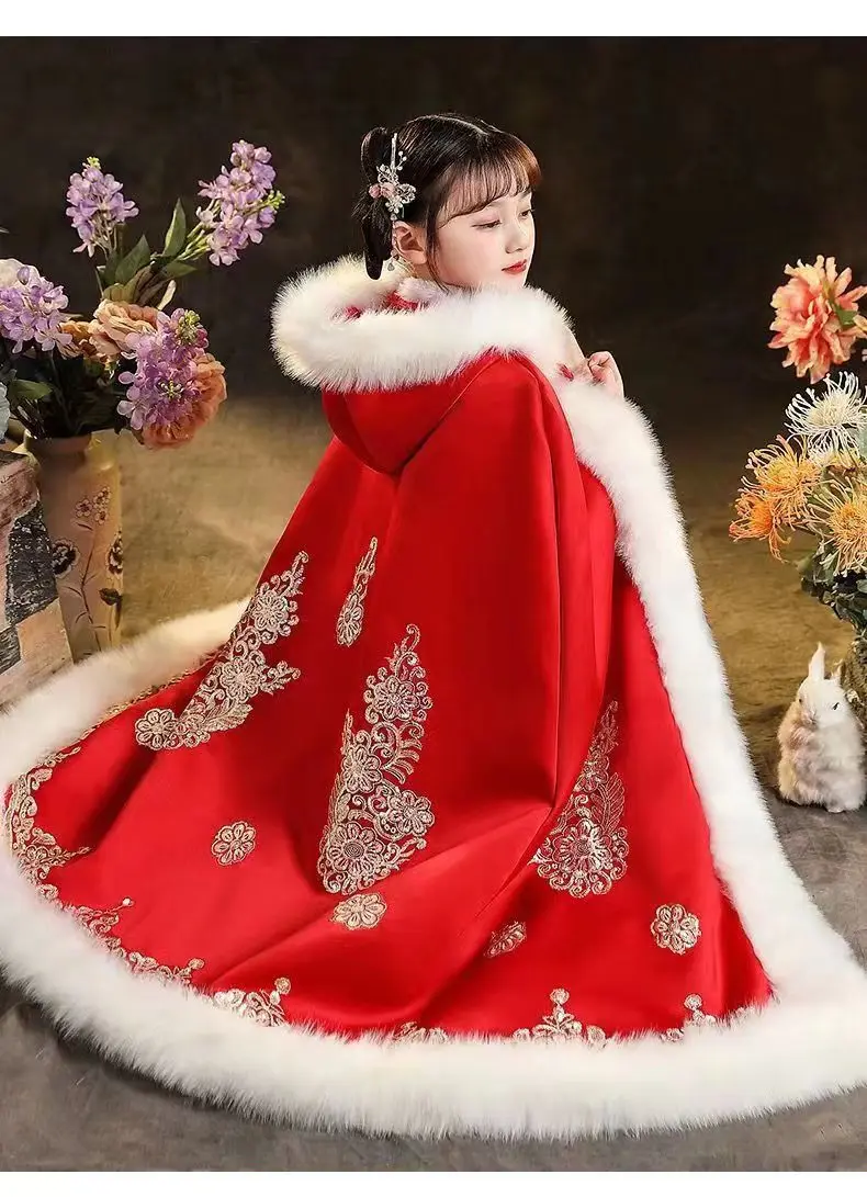 New Red Thick Coat Hanfu Cloak Autumn and Winter Windproof Cape Chinese Style Little Girl Floral Embroidery 3-12 yeas