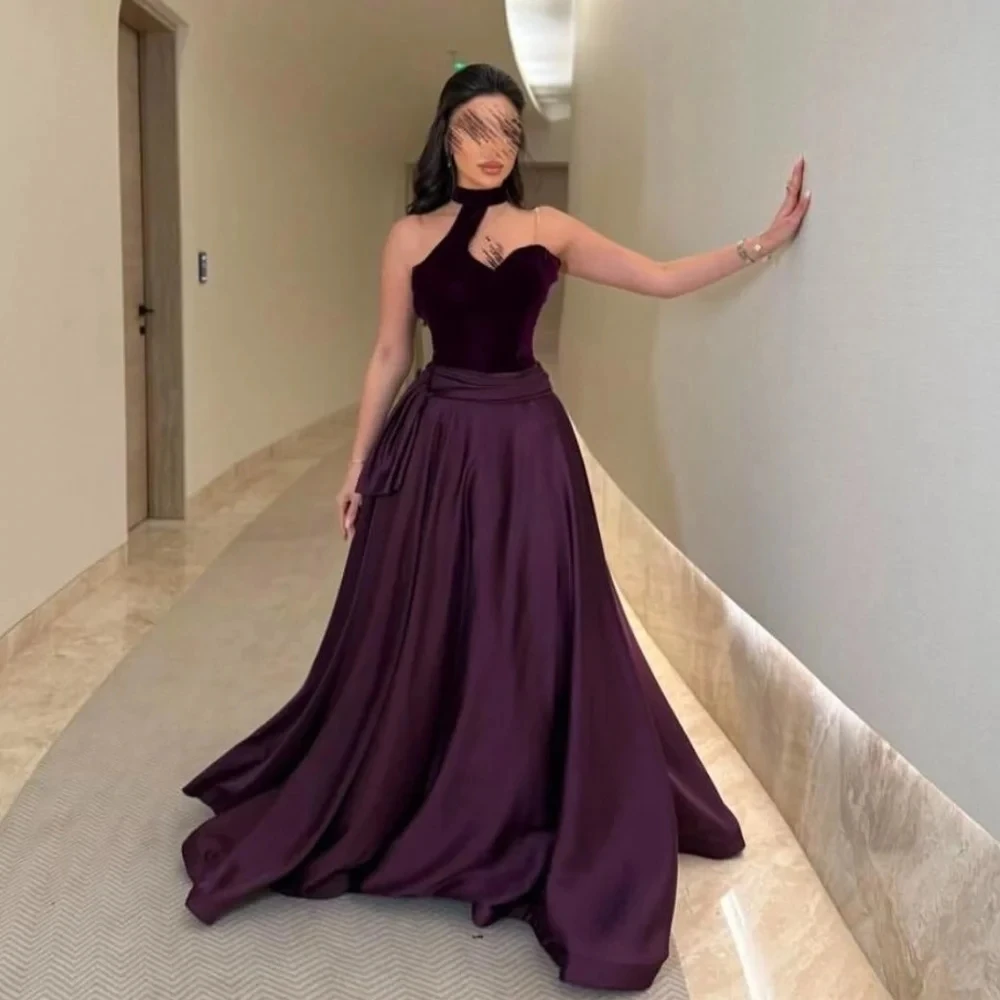 

Purple Halter Formal Long Bespoke Occasion Gown Evening Dresses Prom Pastrol Unisex Jersey Retro Dubai Saudi Arabic Customized